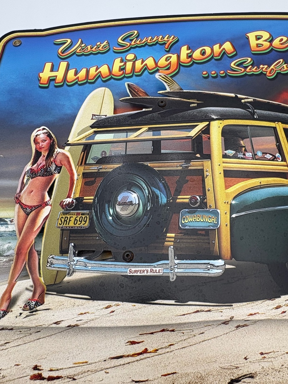 3-D Visit Sunny Huntington Beach Surfs Up Metal Sign - Woody Surfboard Art Print - Picture 7 of 11